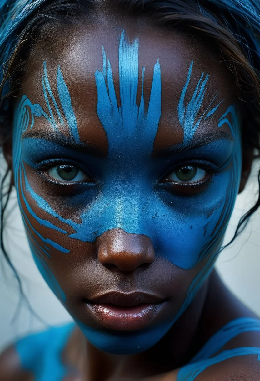 Close-up face, mysterious silhouette of an exotic coloured girl in worn down clothing, light blue war-paint over eyes only, goddess, alluring, by Minjae Lee, Carne Griffiths, Emily Kell, Steve McCurry, Geoffroy Thoorens, Aaron Horkey, Jordan Grimmer, Greg Rutkowski, amazing depth, double exposure, surreal, geometric patterns, intricately detailed, bokeh, perfect balanced, deep fine borders, artistic photorealism , smooth, great masterwork by Suiras <lora:add-detail-xl:2> <lora:Double_Exposure:0.5>