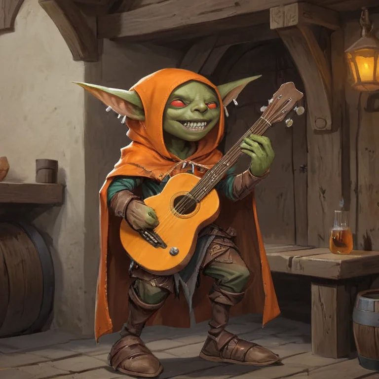 fantasy d&d image of a cute bard path_goblin, wearing a orange hoodie cloak with a guitar , on a medieval tavern,<lora:Path_goblin:1>