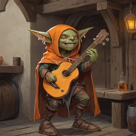 fantasy d&d image of a cute bard path_goblin, wearing a orange hoodie cloak with a guitar , on a medieval tavern,<lora:Path_goblin:1>