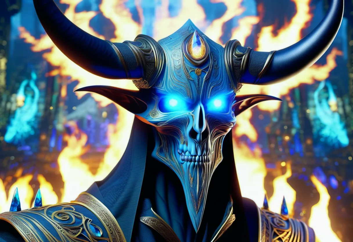hyper detailed masterpiece, dynamic realistic digital art, awesome quality, DonMMy51ic4lXL abaddon, Shadowy figure with glowing eyes, depicted with horns and elongated features, aura of malevolence and power, rebellion and temptation, enveloped in flames and smoke, vortex,ai interaction,unshakeable,vr technology,diagnostic,holy,Black as coal,Funereal,restorative <lora:DonMMy51ic4lXL-000006:0.8>