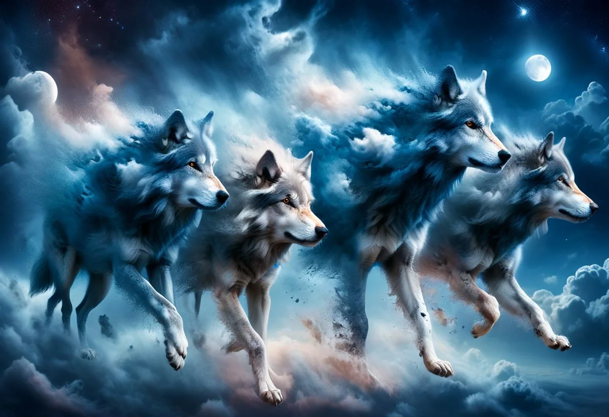ral-dissolve, wolf pack made of clouds, spectral, among the heavens, darker, moonlight, cinematic composition, soft shadows, dramatic lighting, epic lighting, cold colours, blue palette