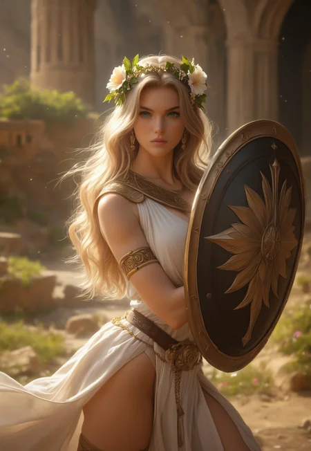 score_7_up, 8k, 1girl, solo, (fit),
((Aphrodite is a greek goddess with flower head ornement. She is ready to fight with a sword and a gold shield in an antic arena <lora:Aphrodite:0.95>))
dynamic pose, (((full clothed)))
<lora:add-detail-xl:1>
<lora:Dynamic Poses:1>
(((full clothed)))