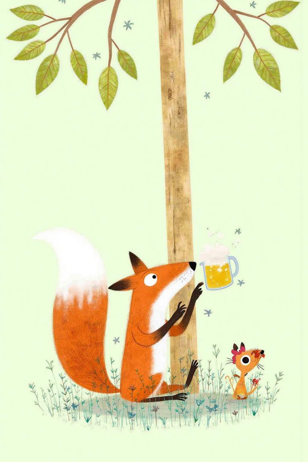 macha1 illustration. 
A fox is drinking beer alone under a tree. <lora:macha1_cap_d6a3e12:1.0><lora:827720522700906655:0>