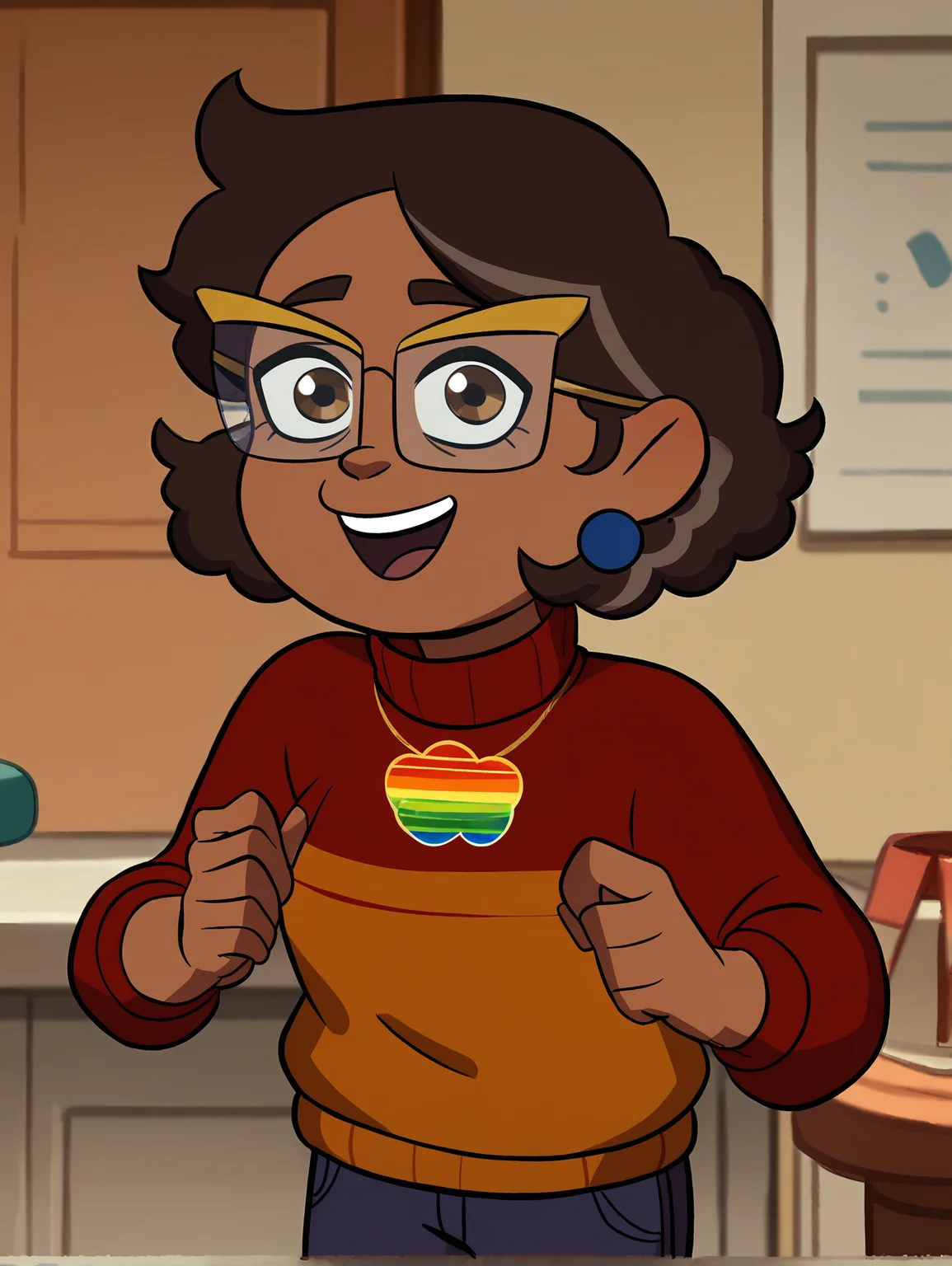 Camila, 1girl, brown hair, curly hair, solo, glasses,jewelry, earrings, smile, brown eyes, sweater, blue pants,indoors, open mouth <lora:CamilaPony1.0:1.0>, score_9, score_8_up, score_7_up, score_6_up, score_5_up, score_4_up, looking at viewer,, zPDXL <hypernet:bad-hands-5:1>
