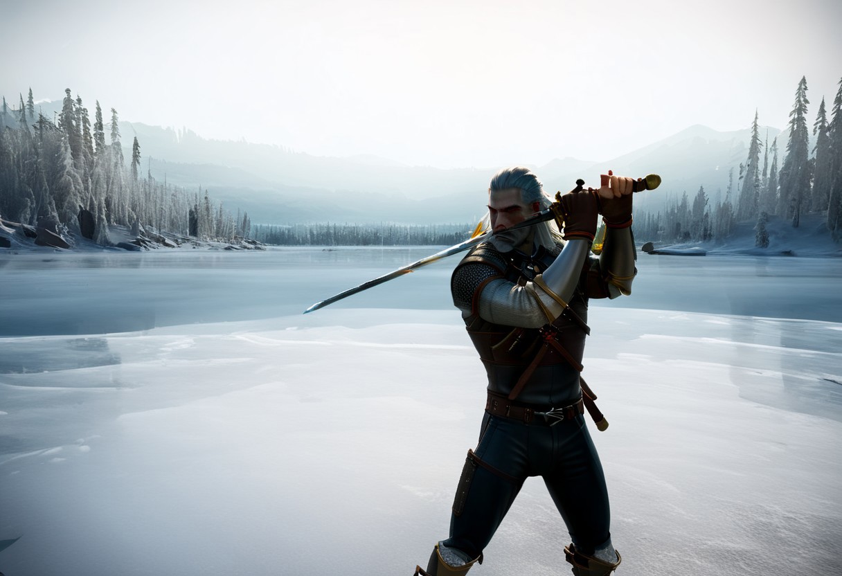 (geralt) sword fighting the nutcracker,
high guard sword parry stance
at a frozen lake,
realistic photo
sfw
