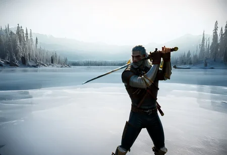 (geralt) sword fighting the nutcracker,
high guard sword parry stance
at a frozen lake,
realistic photo
sfw