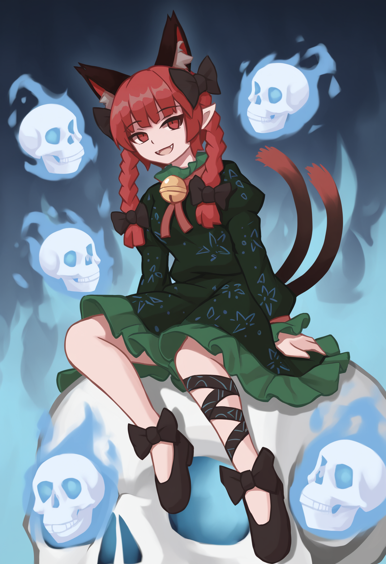 kaenbyou rin, 1girl, solo, long hair, looking at viewer, smile, open mouth, long sleeves, red eyes, dress, bow, animal ears, ribbon, sitting, tail, full body, braid, hair bow, red hair, frills, pointy ears, puffy sleeves, cat ears, black footwear, twin braids, animal ear fluff, cat tail, black bow, bell, juliet sleeves, multiple tails, extra ears, jingle bell, green dress, skull, hitodama, leg ribbon, two tails, nekomata, footwear bow
, masterpiece, best quality, good quality,
<lora:duhota_noob_vpred-1.0_edm2_v1:1>