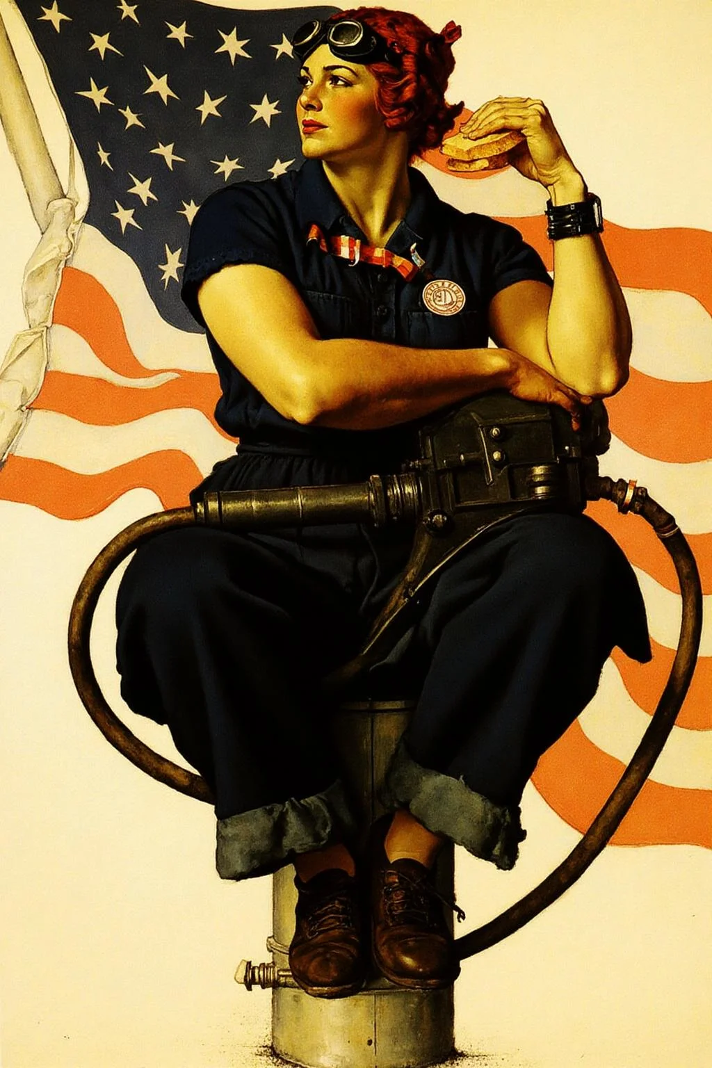 normanrockwell1 painting.
A woman, Rosie the Riveter, is depicted sitting on a barrel or similar cylindrical object. She is wearing a dark blue, short-sleeved work shirt with a prominent, round badge on the left chest. She is wearing goggles. She holds a sandwich in her hand. There is a rivet gun lying on her lap.
There is an American flag in the background.
<lora:normanrockwell1_cap_d6a3e12:1.0><lora:841438923122016684:0>