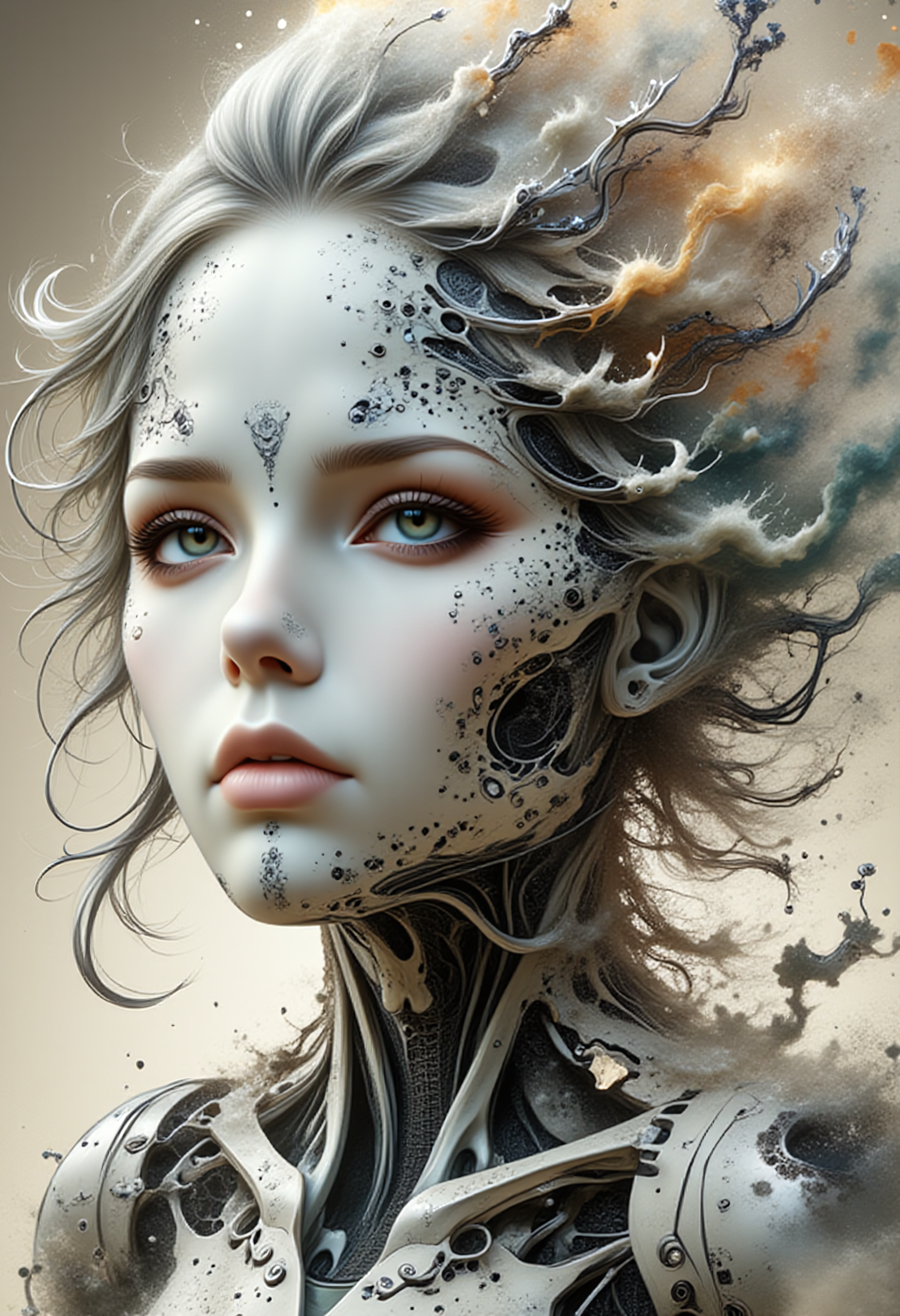 This Baroque-inspired hyperdetailed grunge art fantasy illustration presents a cyberpunk female android, merging classical artistry with futuristic elements. The android is depicted with hair crafted from metallic wires, cascading in elegant coils and twists, while her face, resembling white porcelain, adds a surreal contrast with its smooth, unblemished surface.
The scene is imbued with a sci-fi elegance and a dreamy, otherworldly atmosphere. Intricate and ornate details fill the composition, reflecting the decorative richness typical of Baroque art but reimagined in a modern context. The android's attire and surroundings are embellished with whimsical, pastel-colored elements that add a soft, ethereal quality to the otherwise stark technological motif.
Adopting a figura serpentina style, the android's pose is dynamically twisted, showcasing the exaggerated and elongated forms characteristic of both Baroque art and the distinct styles of artists like Brian M Viveros and Esao Andrews. This pose not only conveys intense emotional expression and artificial elegance but also adds a dramatic flair to the composition.
The artwork features complex arrangements and distorted proportions that challenge conventional aesthetics, enhancing the sense of virtuosity and sophistication. The composition is unbalanced yet intensely engaging, drawing the viewer's eye across the various elements that fuse the old with the new. Expressive figures and twisted forms dominate the scene, heightening the intense emotions portrayed through the android's posture and the surrounding details.
Overall, this illustration is a vivid, dynamic tableau that marries the ornamental grandeur of the Baroque with the sleek, unconventional aesthetics of cyberpunk, creating a visually captivating narrative that spans time and genre