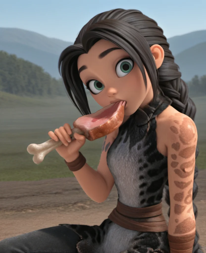 highres, absurdres, intricate detail, 3d, <lora:Dawn_B_ILLUS-000008:0.8>, db1, 1girl, black hair, green eyes, sidelocks, fur shirt, sleeveless, twin braids, cavewoman, animal print, single arm tattoo, wristband, portrait, close-up, looking at viewer, head tilt, from side, photography, sitting, scenery, eating meat, holding meat
