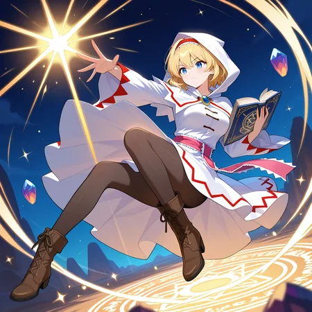 1girl,, casting spell, holy magic, blue_glowing magical circle, divine light beam shining aura, dynamic pose, midair, outstretched hand, serious expression, radiant energy, fantasy setting, sky background, sparkling particles, wind-blown hair, flowing outfit,The Crystal Cave: A fantastical place where gemstones and crystals grow in abundance,fighting,1girl,, masterpiece, best quality, amazing quality, newest, ,BREAK,Warlock, <lora:White_mage_Illustrious:1>,white mage_cos,white mage,hood,robe,long sleeves,boots,hood_up,,alice margatroid, 1girl, solo, blonde hair, blue eyes, short hair, breasts,pantyhose,book,grimoire of alice,,