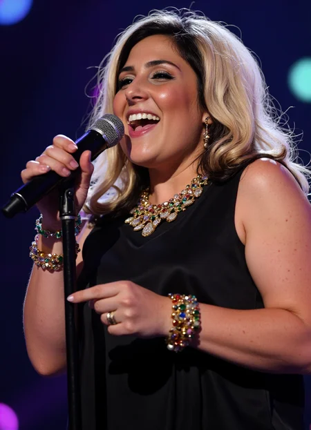 SFW, brightly lit, The image shows a woman singing into a microphone on a stage. She is wearing a black sleeveless top and a statement necklace. Her e hair is styled in loose waves and she is wearing multiple bracelets on her wrists. The background is blurred, but it appears to be a concert or performance with colorful lights. The woman is holding the microphone with both hands and her eyes are closed as she sings., aidmaimageupgrader<lora:flux\custom\celebrity\rikki-lake.safetensors:1.05:1.05> <lora:flux\turbo-8-step-flux.safetensors:0.5:0.5> <lora:flux\style\Common\aidmaImageUprader-FLUX-v0.3.safetensors:0.25:0.25>