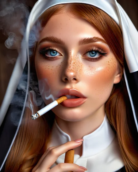 1girl, alluring, makeup, realistic, nun dress, ginger hair, blue eyes, freckles,
<lora:Smoking_Babes_XL_V2:0.6>
cigarette in mouth, detailed face,
close up