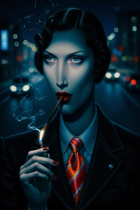 troybrooks1 painting.
A woman with short, dark, wavy hair styled in 1920s fashion is wearing a dark suit, white shirt, and a vibrant, diagonally striped tie with red, white, and blue hues. She wears red lipstick and has a cigarette in her mouth, lighting it with a burning matchstick. The background is a nighttime cityscape, with blurred lights from street lamps or buildings. <lora:troybrooks1_cap_d8a4e10:1.0><lora:854065650216243351:0>