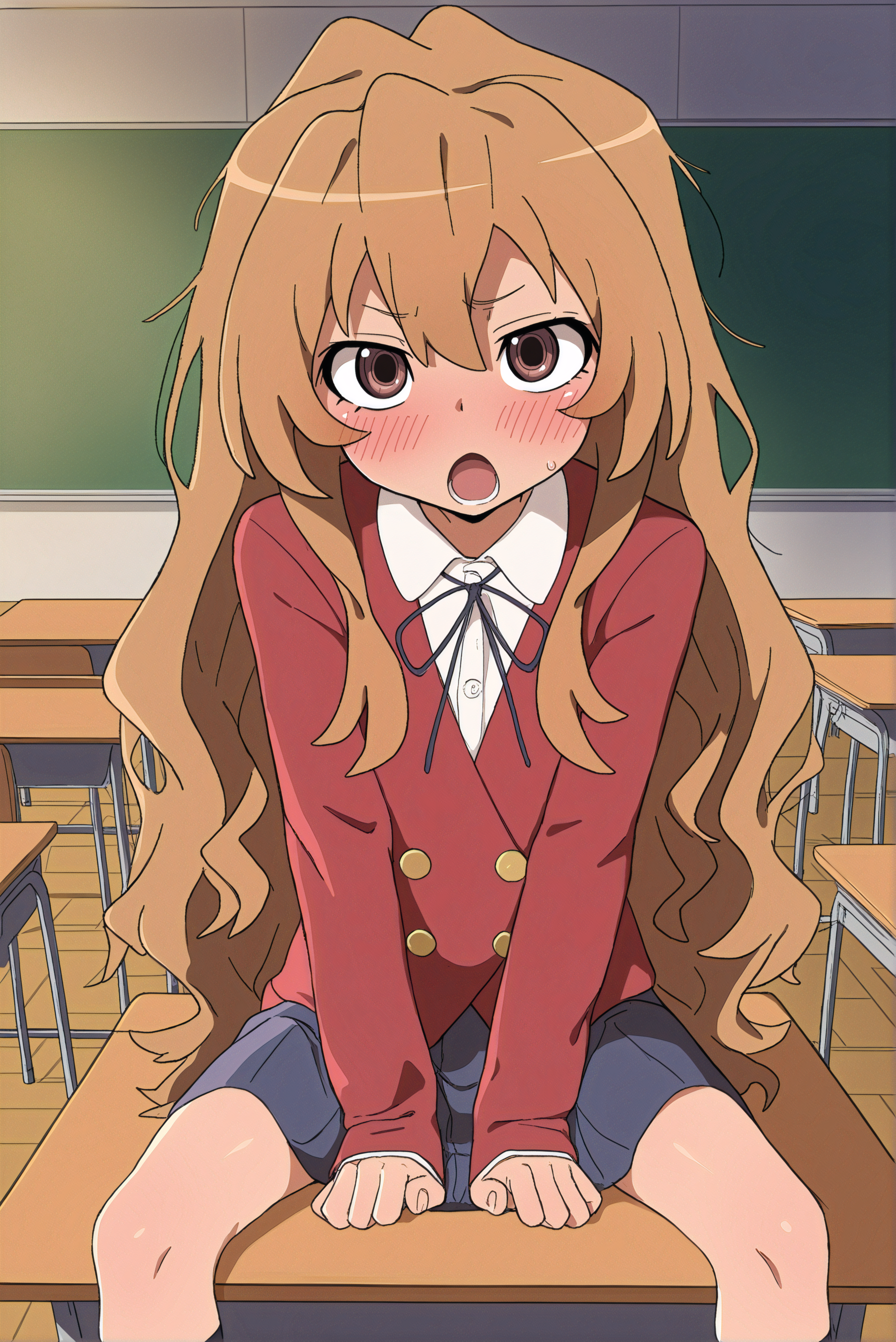 aisaka taiga, messy hair, blush, looking at viewer, classroom, sitting, on desk, open mouth,, (masterpiece, best quality), safe, amazing quality, 2024, very aesthetic, absurdres, highres, newest, HDR, 8K, high detail RAW color art, large pupil, eyelashes,, <lora:wagashi_dagashiya:1> wagashii
