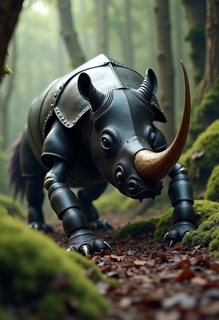 Capture a hyper-realistic photograph of a powerful creature, a beetle with the armored body and horn of a rhinoceros, combined with the sleek, cunning face and bushy tail of a fox. The beetle’s body is dark and glossy, with a large, curved horn at the front, while its face has sharp, fox-like features, and its tail is thick and furred. The scene is set in a dense, ancient forest, with the creature emerging from the undergrowth, its horn glinting in the dappled light.