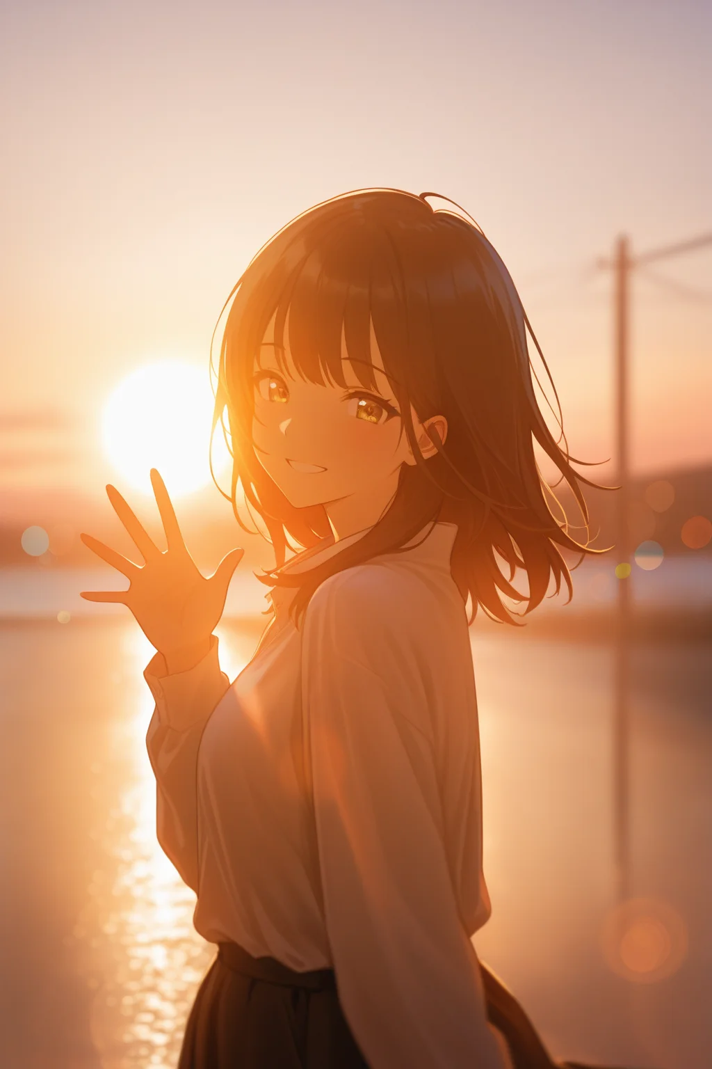 masterpiece, best quality, absurdres, safe
1girl, backlighting, bokeh, sunlight, sunset, lens flare, smile, looking at viewer, waving
<lora:backlighting_il_2_d16:1>