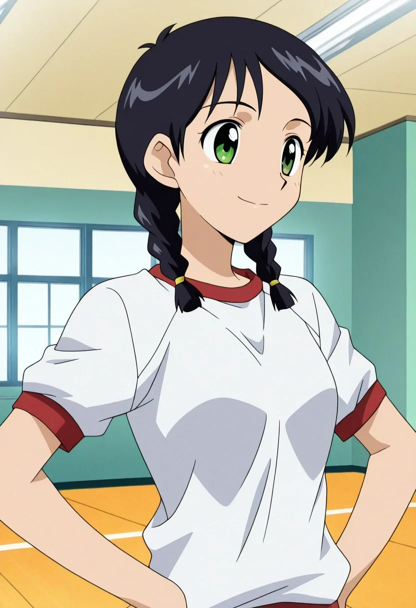 1girl, source anime, anime screencap,Yuukianime, black hair, , gym, twin braids, green eyes, smile, gym uniform, hands on hips, indoors, upper body