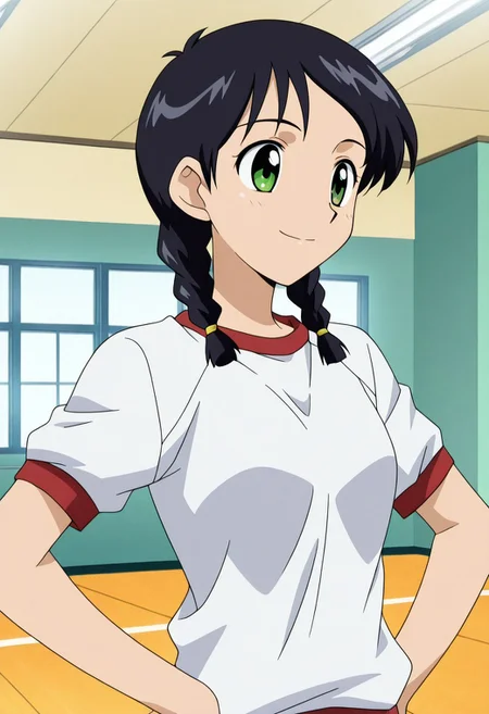1girl, source anime, anime screencap,Yuukianime, black hair, , gym, twin braids, green eyes, smile, gym uniform, hands on hips, indoors, upper body