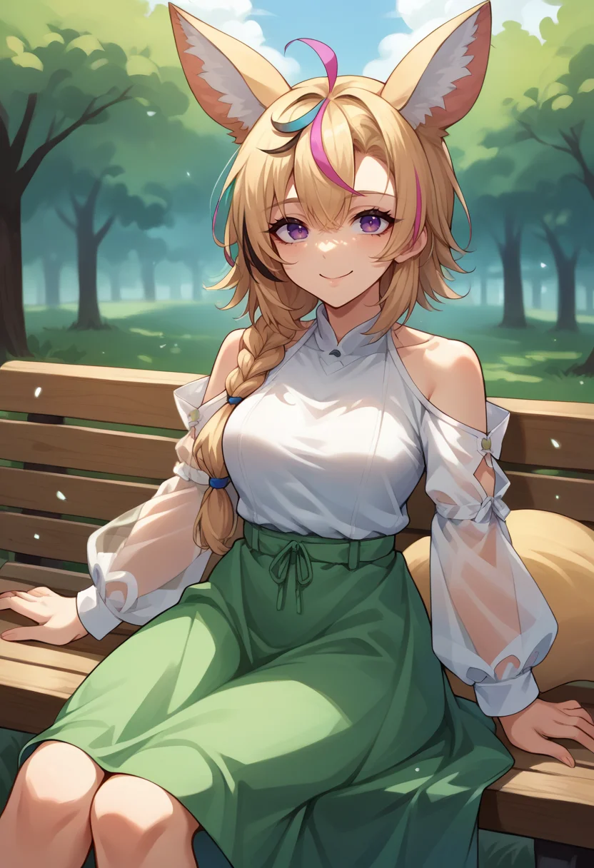 score_9, score_8_up, source_anime, 1girl, solo, PolkaCasual, streaked hair, fox ears, side braid, purple eyes, white shirt, shoulder cutout, short see-through sleeves, green skirt, long skirt, fox tail, outdoors, sitting, on bench, smile, <lora:ChamOmaruPolkaPonyXL:1>