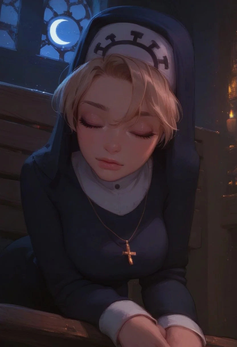 Expressiveh, score_9, score_8_up, score_7_up, score_6_up, score_5_up, score_4_up, godrays, 1girl, Double, closed eyes, blonde hair, short hair, cross necklace, long sleeves, nun, closeup, face focus, posing, sexy, night, moon, dark, blue light, church bedroom, praying, own hands together, leaning forward, bent over bench, dynamic angle, semi realistic
