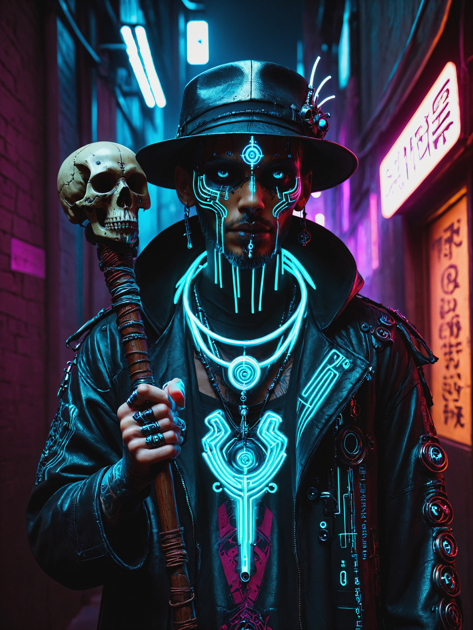 man, cyberpunk, dark alley way, face paint, staff, skulls, hat, mad-vdprst , night, neon light  <lora:Neon_Cyberpunk_Voodoo_Mage_SDXL:1>, (masterpiece:1.2), best quality