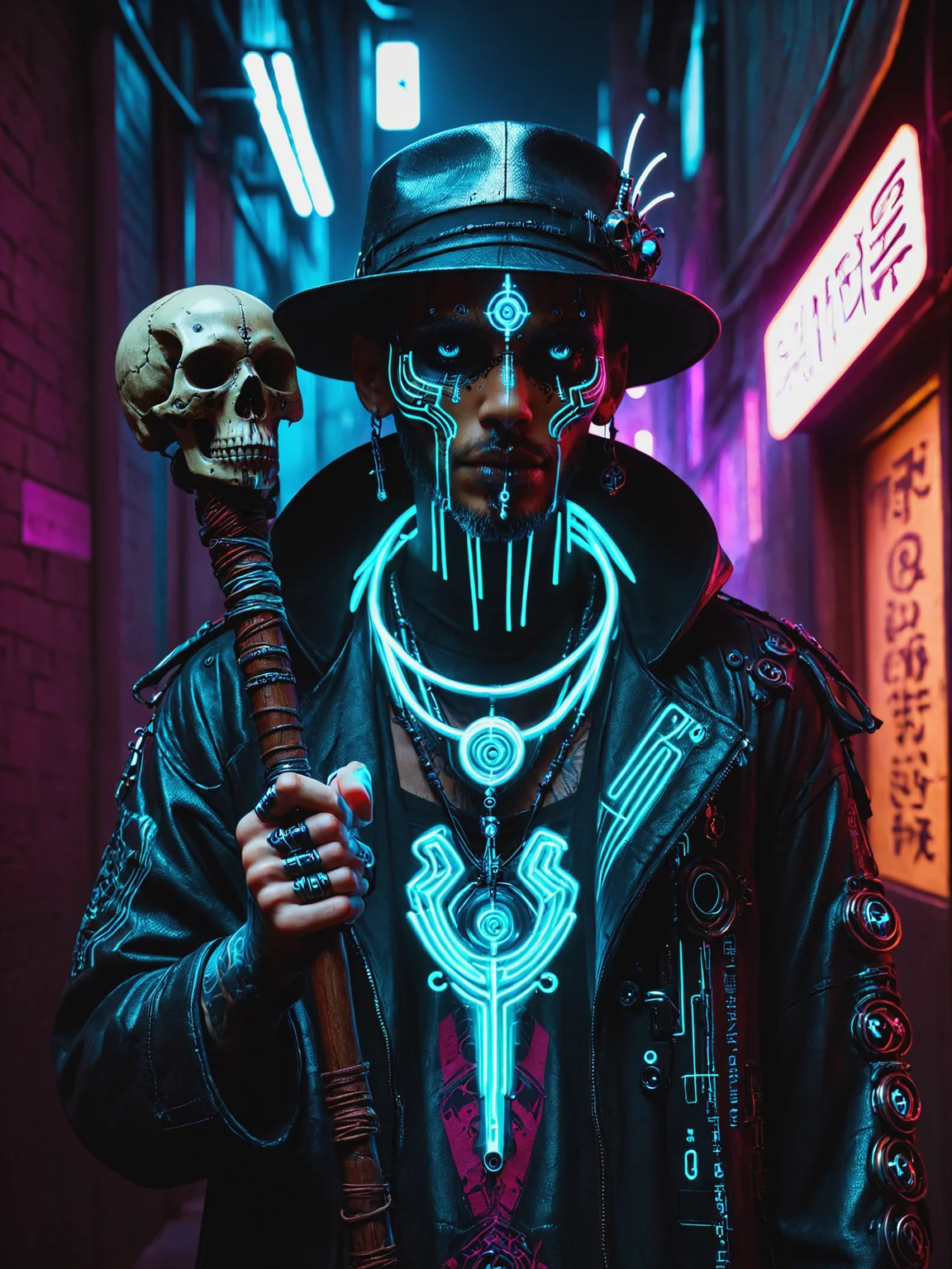 man, cyberpunk, dark alley way, face paint, staff, skulls, hat, mad-vdprst , night, neon light <lora:Neon_Cyberpunk_Voodoo_Mage_SDXL:1>, (masterpiece:1.2), best quality