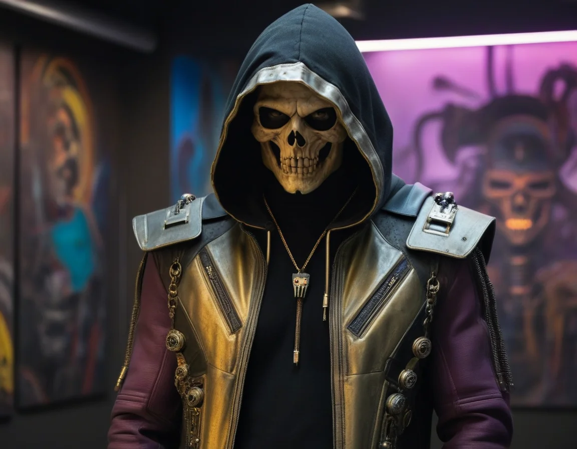 ~*~CyberPunk~*~ HDR FULL BODY VIEW photo of Hyperrealistic art Wonderful, intricate, SKELETOR (a superb Art Brut Decollage art, Masters of the Universe), with hoody cape, bone biomorph, anatomical circuit face, biomechanical details, (Cyberpunk Universe Background:1.3)