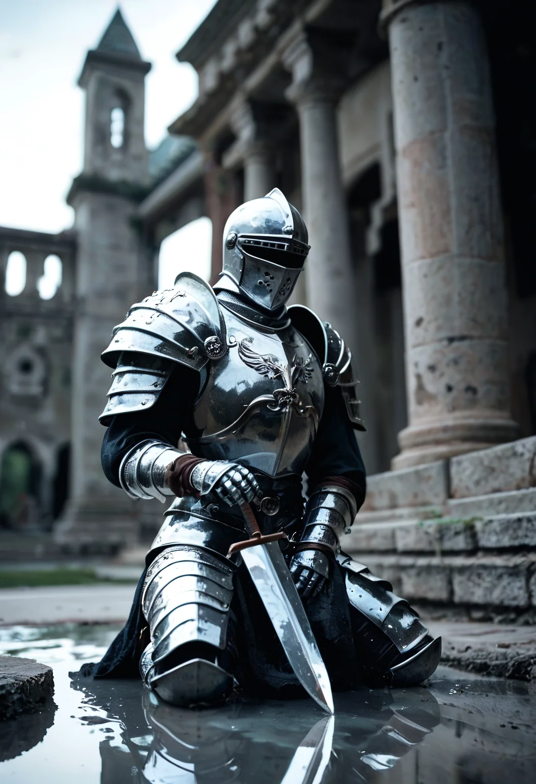 score_9, score_8_up, score_7_up, knight, kneeling, defeated, tired, puddle, gothic armor, helmet, temple, reflections, cloudy sky, fog, reflection, highly detailed, film grain, dynamic angle, <lora:zy_Realism_Enhancer_v2:0.8>