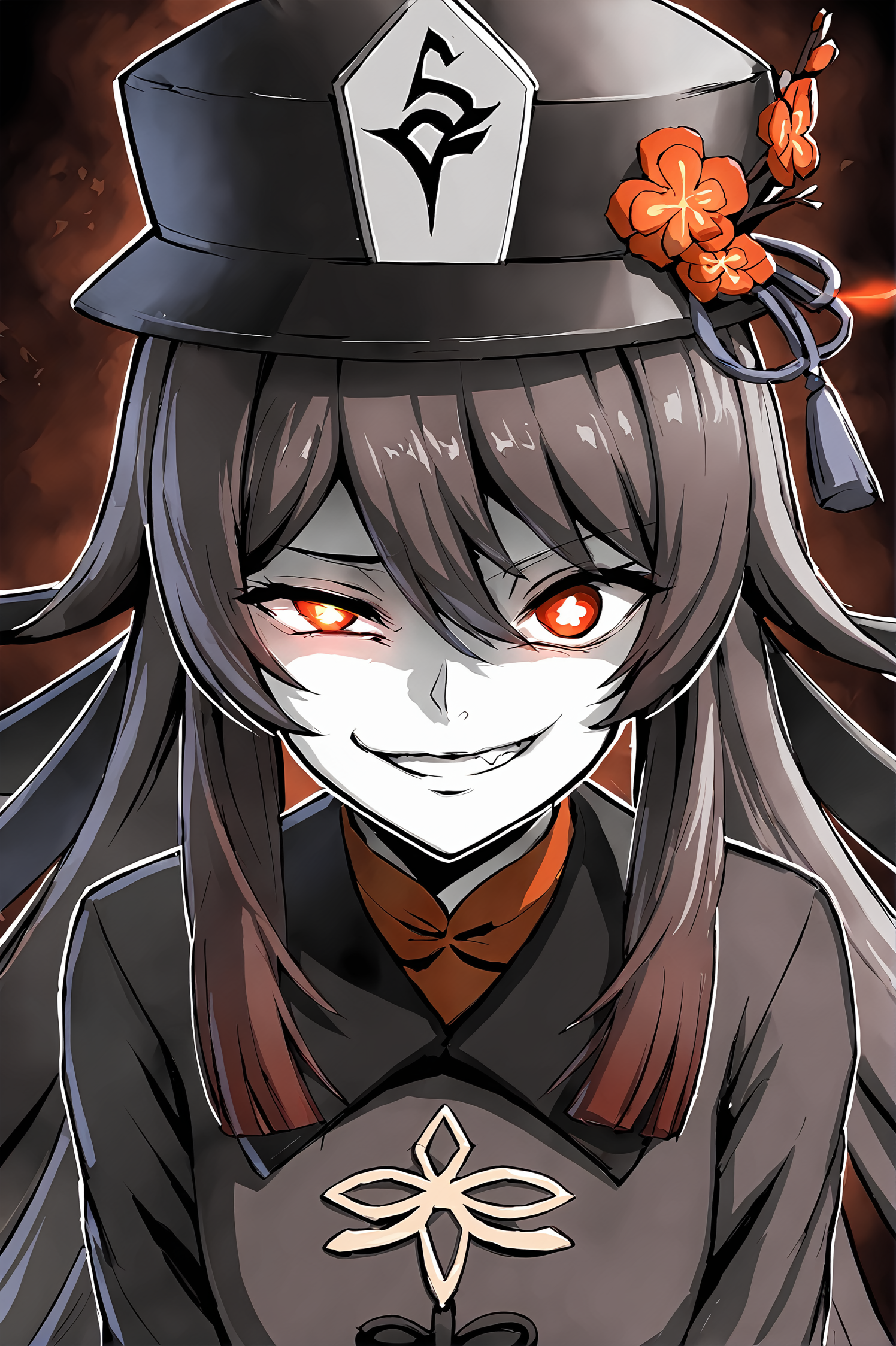score_9, 
<lora:ebiblue_v1_pruned:1>, 
evil grin, hu tao \(genshin impact\), looking at viewer, close up, black background, red aura, glowing eyes, hat, 
monochrome, spot color, 
source_anime, 
high resolution, Masterpiece