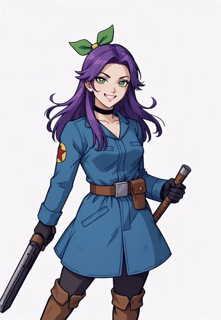 safe_pos, score_9, score_8_up, score_7_up, score_6_up, source_anime, 1girl, white background, (NSAbigailStardew:1.3), purple hair, green eyes, long hair, parted bangs, black choker, (green hair ribbon:1.3), gloves, boots, belt, uniform, military uniform, looking at viewer, smile, grin, cowboy shot, weapon, medium breasts, (detailed face, detailed green eyes), saturated colors