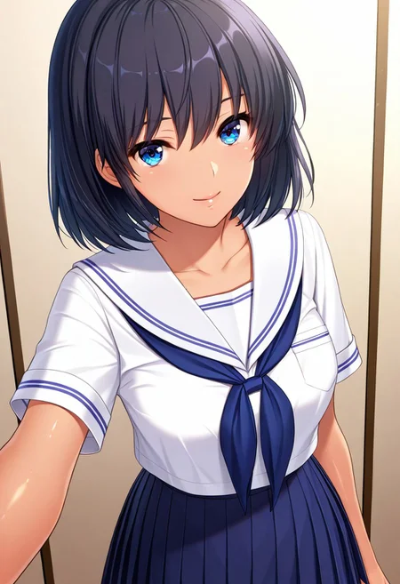 KawaYuuki, KoiAmstyle, tan, (absurdres, best quality, masterpiece:1.4), amazing quality, highres, newest, detailed, detailed body, detailed face, beautiful, looking at viewer,
BREAK
1girl, solo, black hair, Short hair, Blue eyes, white serafuku, blue neckerchief, blue pleated skirt, smile, standing