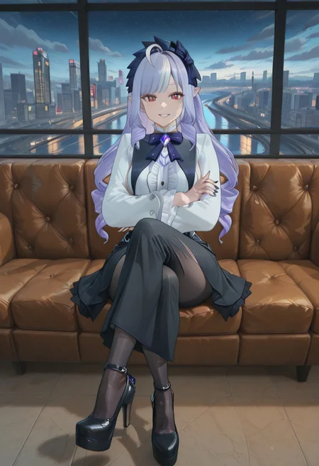masterpiece, best quality, amazing quality, very aesthetic, absurdres, newest, scenery, volumetric lighting, perfect eyes, ultra detailed, high heels, platfor high heels, focus feet, sitting, crossed legs, full body,
1girl, Vivian, solo, purple hair, hair ringlets, ahoge, blue hairband, hair bow, hair ornaments, pointy ears, red eyes, double iris, purple inner iris, slit pupils, black nails, white hair strands,
high collar, double bowtie, purplebowtie gem, nobility dress, black and white dress, dress buttons, dress frills,
looking at viewer, parted lips, sly smile, evil grin, crossed arms, looking down, from below,
city landscape, river river reflections, city lights, nightime, detailed background, beautiful frame, clouds, stars,
<lora:Vivian_-_Zenless_Zone_Zero_ZZZ_-_Illustrious:1>
masterpiece, best quality, amazing quality, very aesthetic, absurdres, newest, scenery, volumetric lighting, perfect eyes, ultra detailed,