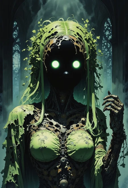 Studio Ghibli Dark Fairytale, intricate cyborg, Portrait of a female robotic entity with long, cascading ivy hair, black hollow eerie head, no face, dark moody, abandoned cathedral background, mist creeping through broken stained glass, emerald green glow,  
surreal and dreamlike, ghostly vines entwining her limbs, echoes of ancient nature magic, golden filigree circuitry on her chest, lifelike yet otherworldly, hand reaching out as if remembering something lost, delicate yet haunting presence