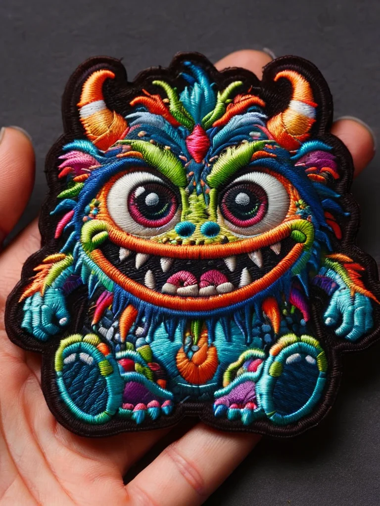 masterpiece, best quality, the cutest monster in the world <lora:ral-embroideredpatch:1> ral-embroideredpatch, dark gradient background