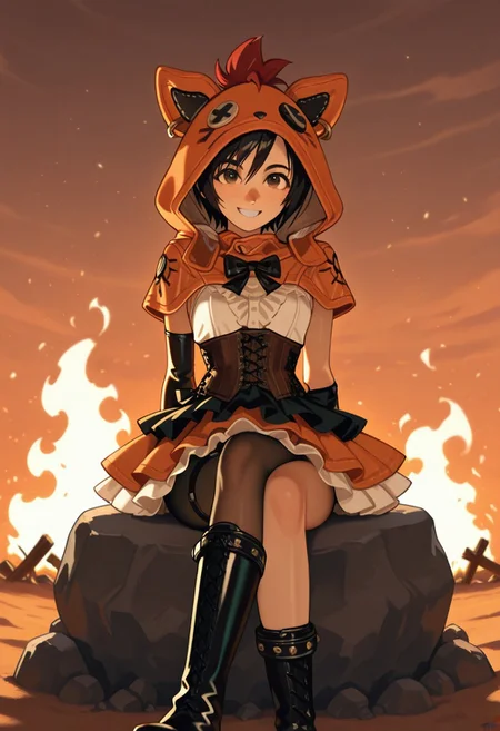 masterpiece,best quality,amazing quality,very aesthetic,absurdres,newest, detailed faces, (((typ0))), (vibrant, dynamic lighting, edge lighting), (dramatic lighting:1.5), (detailed faces:1.5), (detailed eyes:1.5), desert, rocks, campfire
BREAK
(1girl: Yuffie Kisaragi, black hair, short hair, asian, petite, RedYuffie, hood, fox outfit, dress, bow, corset, pantyhose, single thighhigh boot, single knee high boot, gloves)
BREAK
smile, mouth open, sitting by fire, legs crossed