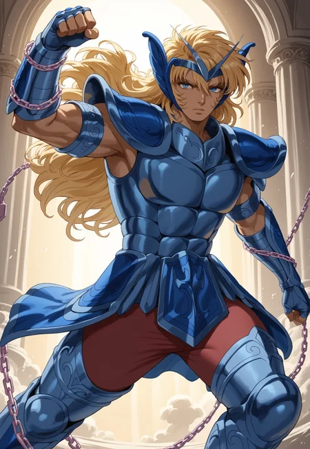 score_9, score_8_up, score_7_up, masterpiece, cephalbiorepdxl, 1boy, male focus, toned male, blue eyes, wavy long hair, blonde hair, blue circlet, blue pauldrons, blue breastplate, elbow length vambraces, blue faulds, maroon pants, thighhigh greaves, fingerless gloves, chains, (((action pose))), (highly detailed:1.2), (intricate:1.2), (best quality:1.2),(8k:1.2), (sharp:1.2), (majestic:1.2), natural lighting, detail++,  mediterranean backdrop, greek pillars, looking at viewer, 