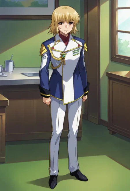 score_9,score_8_up,score_7_up,score_6_up,score_5_up,score_4_up,anime coloring,source_anime,<lora:Cagalli_Yula_Athha_Gundam_SEED_Pony:0.8>,cagalli,1girl,solo,brown eyes,blonde hair,medium hair,destiny jacket,white pants,black shoes,standing,indoors,looking_at_viewer,