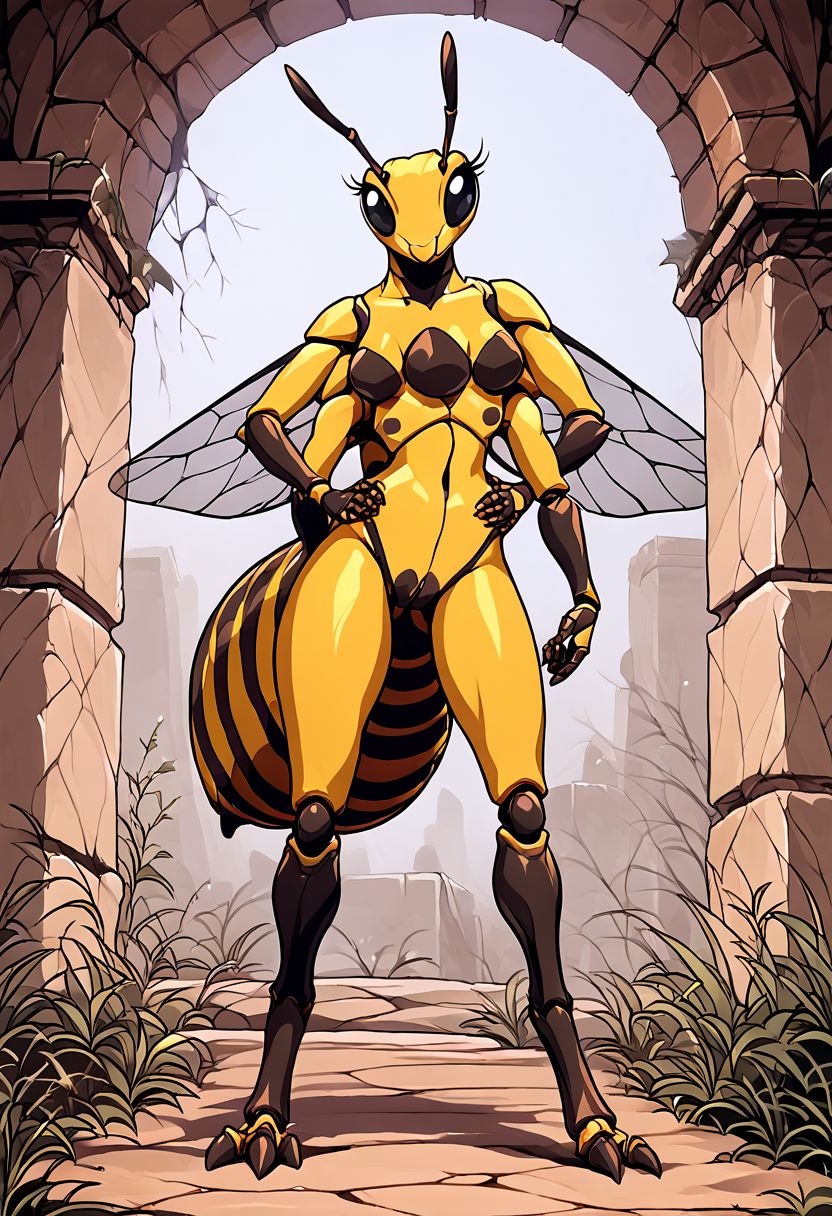 score_9, score_8_up, score_7_up, score_6_up, score_5_up, score_4_up, 
source_anime,  source_furry, source_cartoon, rating_explicit, 
solo, female, 
black and yellow body, fur, fluffy, furred body,
anthro, 
arthropod, insect, black eyes, exoskeleton, joints,
honeybee,
4 wings, multi wing, wings, 
2 antennae, antennae anatomy,
2 toes, toes, feet, digitigrade,
4 arms, 5 fingers, fingers, multi arm, 
smile, pose,
ruins,
detailed background, digital art, hi res, detailed, fantasy art,
Vintage, 1990s \(style\), 90s4n1m3, retro artstyle
three breasts, triboob,