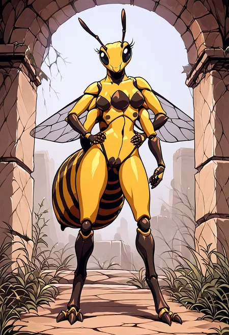 score_9, score_8_up, score_7_up, score_6_up, score_5_up, score_4_up,
source_anime, source_furry, source_cartoon, rating_explicit,
solo, female,
black and yellow body, fur, fluffy, furred body,
anthro,
arthropod, insect, black eyes, exoskeleton, joints,
honeybee,
4 wings, multi wing, wings,
2 antennae, antennae anatomy,
2 toes, toes, feet, digitigrade,
4 arms, 5 fingers, fingers, multi arm,
smile, pose,
ruins,
detailed background, digital art, hi res, detailed, fantasy art,
Vintage, 1990s \(style\), 90s4n1m3, retro artstyle
three breasts, triboob,