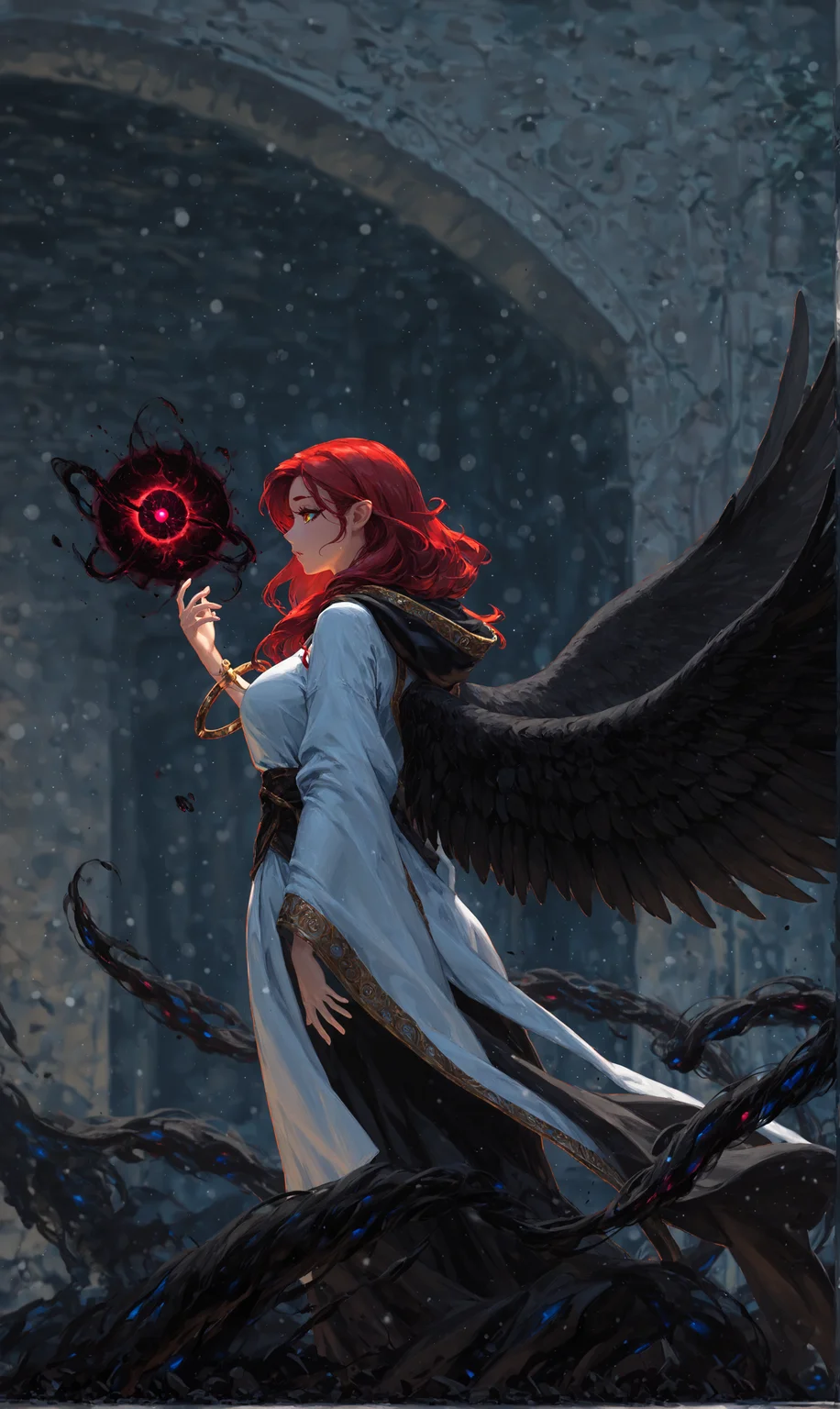 masterpiece, best quality, amazing quality, klskx, (nsfw, explicit:0.7), side view, 1girl, solo, red hair, long hair, detailed eyes, multicolored eyes, golden eyes, eyebrows, eyelashes, hooded cloak, black feathered wings, standing before portal, (glowing portal:1.2), hand reaching out, swirling magic energy, ancient stone archway, runic symbols, dark ruins, intricate details, (blurry background, depth of field, bokeh:0.9) <lora:klskx_wai:0.9> <lora:spo_sdxl_10ep_4k-data_lora_webui:1.5>