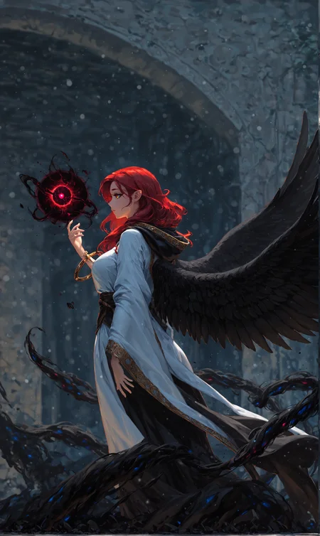 masterpiece, best quality, amazing quality, klskx, (nsfw, explicit:0.7), side view, 1girl, solo, red hair, long hair, detailed eyes, multicolored eyes, golden eyes, eyebrows, eyelashes, hooded cloak, black feathered wings, standing before portal, (glowing portal:1.2), hand reaching out, swirling magic energy, ancient stone archway, runic symbols, dark ruins, intricate details, (blurry background, depth of field, bokeh:0.9) <lora:klskx_wai:0.9> <lora:spo_sdxl_10ep_4k-data_lora_webui:1.5>