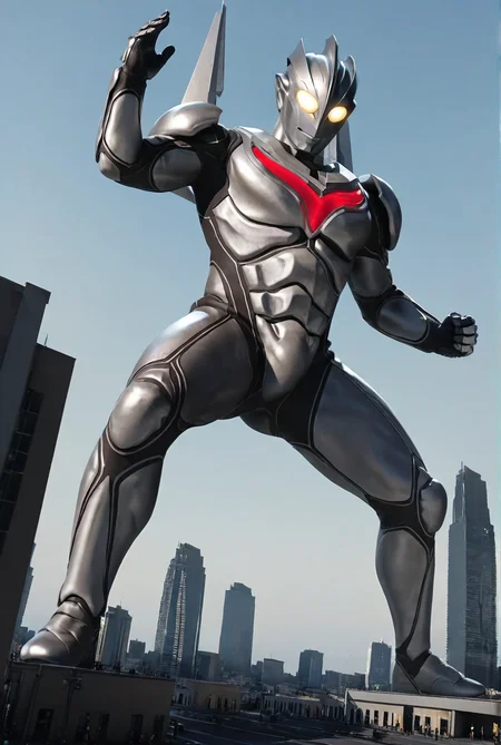 very awe,aesthetically pleasing,masterpiece,best quality,amazing quality,very aesthetic,ultra-detailed,high resolution,8k,1boy,solo,full body,bara,male focus,detailed face,bodysuit,alien,tokusatsu,yellow eyes,science fiction,no humans,glowing eyes,armor,from below,fighting stance,spread legs,perspective,blue sky,giant,cityscape,<lora:Ultraman Noa:0.8>,nuoya,