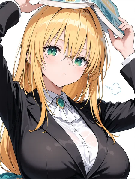 masterpiece,best quality,newest,
1girl,solo,
<lora:Tearju_ilxl_v1.1:1>,Tearju,blonde hair,green eyes,low-tied long hair,blue hair bow,t_glasses,rimless glasses,t_clothes,white collared shirt,black jacket,
<lora:Fixhands_anime_bdsqlsz_V1:1>,white_background,looking_at_viewer,jitome,holding book,upper body,object on head,expressionless,arms_up,puff of air,