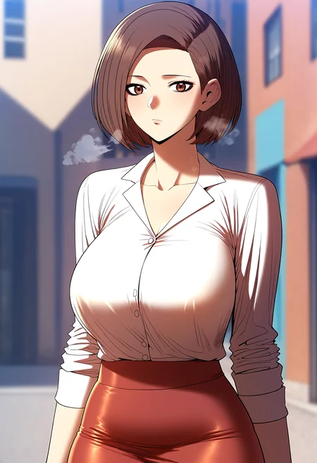 score_9, score_8_up, score_7_up, score_6_up, source_anime, rating_explicit, <lora:neg4all_bdsqlsz_V3.5:2.0>1girl, (solo:1.2), huge breasts, <lora:tokkigongdyuponyxl:1> brown hair, short hair, brown eyes, hair behind ear, collared shirt, white shirt, collarbone, long sleeves, red skirt, pencil skirt, expressionless, Narrow shoulders, heavy breathing, steaming body, street, outdoor, looking at viewer