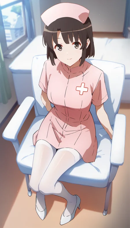 score_9,score_8_up,score_7_up,
<lora:megumikato>,
katomegumi,
1girl,solo,black hair,bangs,short hair,brown eyes,looking at viewer,smile,nurse cap,nurse uniform,white low heels,white pantyhose,
full body,sitting,from above,on chair,
blurry background,bloom,bloom,light particles,lens flare,indoors,living room,window,