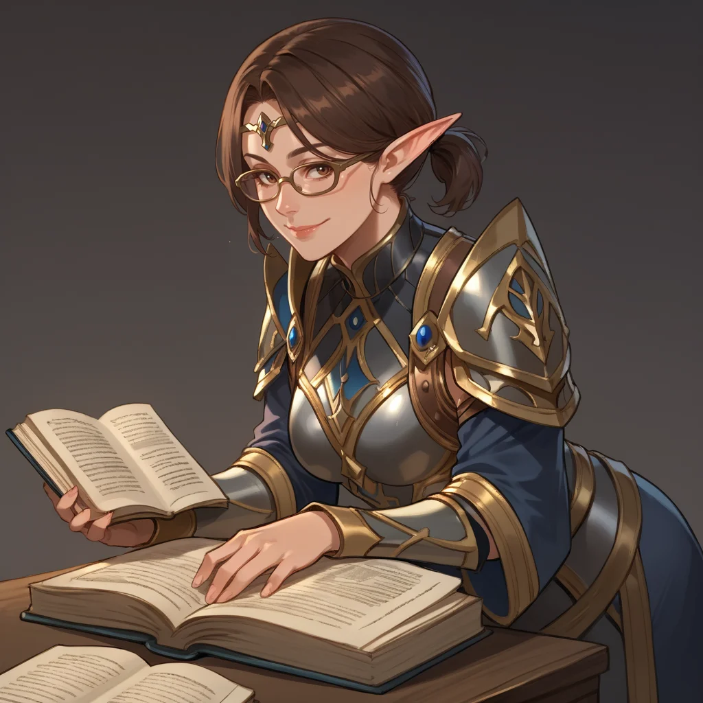 score_9, score_8_up, score_7_up, rating_safe,
brown hair, short ponytail, circlet, armor, reading a book, glasses, focus,
elf, mature woman, looking at viewer, slight smile,
<lora:HEPRINCESS:0.8>