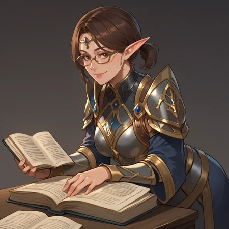 score_9, score_8_up, score_7_up, rating_safe,
brown hair, short ponytail, circlet, armor, reading a book, glasses, focus,
elf, mature woman, looking at viewer, slight smile,
<lora:HEPRINCESS:0.8>