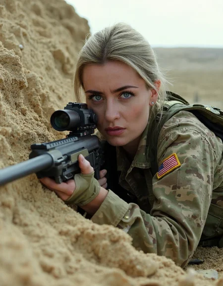 A female Marine sniper lies prone behind a sandbag bunker, her M40 rifle trained on an enemy position across no man's land. The camera is positioned from a high angle, capturing the intricate details of her uniform and equipment as well as the desolate landscape surrounding her. A subtle gradient effect enhances the contrast between light and dark, drawing attention to the subject's sharp features.