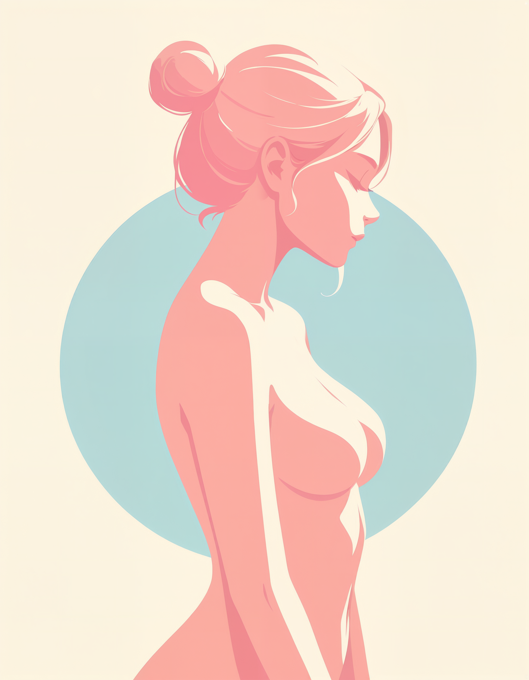 minimalistic, flat color, no lineart, 1girl, side view, silhouette, hair bun, perfect body, nude, naked, simple colorful background